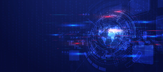Obraz premium Abstract futuristic technology background with glowing lines and earth globe cyber data visualization.