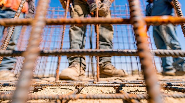 Close-up of construction workers' legs standing over rebar grid