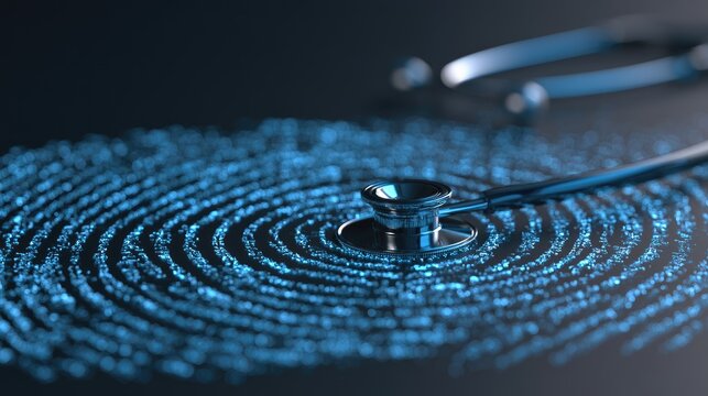 Digital fingerprint with stethoscope represents health data security and diagnosis