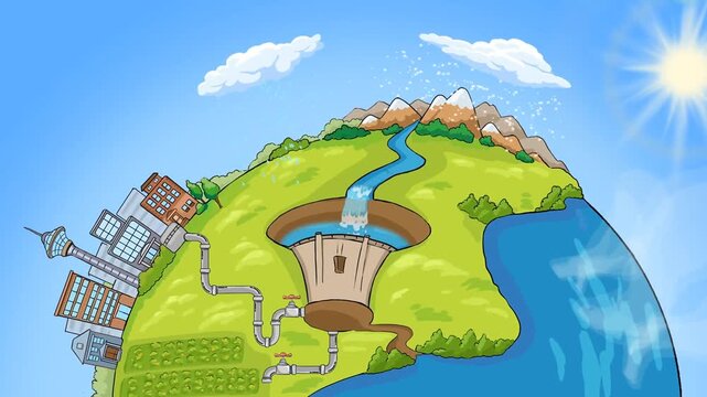 2d animated Planet Earth eco system globe world sphere layout model showing city pollution, nature forests, underground soil oil drill and mountain water stream resources cartoon animation loop.