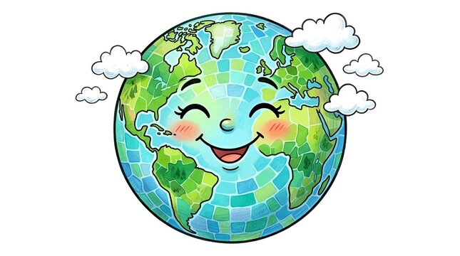 Happy Cartoon Earth Globe with Clouds, Environmental Concept