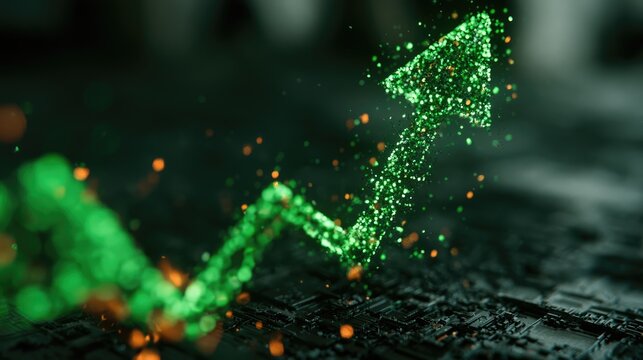 Glittering green arrow charts upward trajectory, symbolizing growth and progress