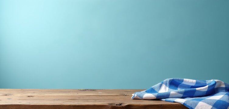 Rustic wooden table surface with blue gingham cloth. Blank pastel wall background provides clean space for product food display mockups. Simple rustic setting.