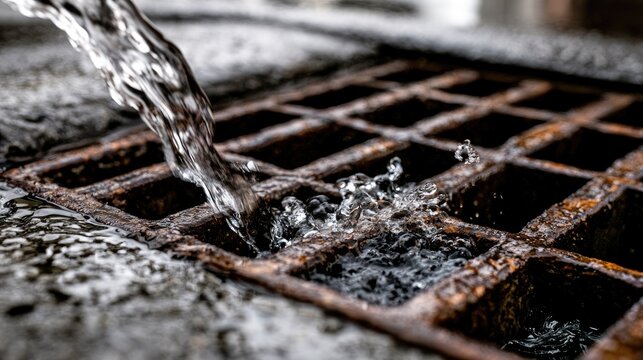 Clear water flows over a rusty, textured metal grate into a drain