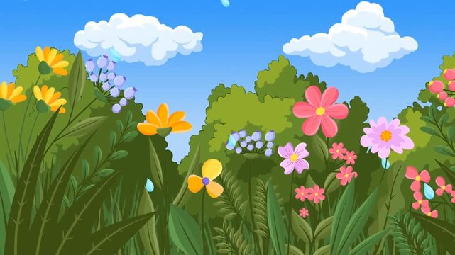 2d animated Flowers garden meadow landscape template layout with colorful roses and plants. Beautiful spring nature environment backdrop concept vector cartoon animation loop video asset