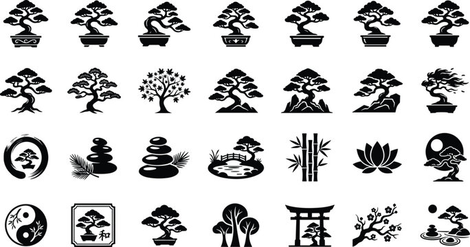 Black Japanese Zen Bonsai Tree Garden Stone Bridge Bamboo Lotus Torii Gate Yin Yang Collection Vector Illustration Set