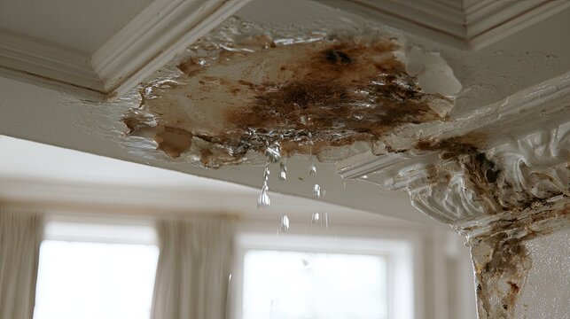Water damage from a leaky ceiling, causing plaster to peel & drip