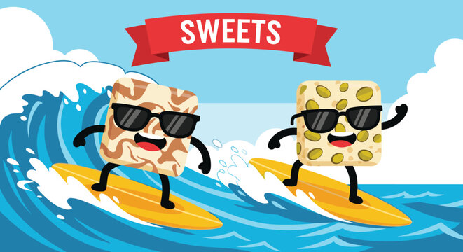 Cool fudge characters wearing dark sunglasses and surfing on big waves with orange boards under a red sweets banner at the beach.