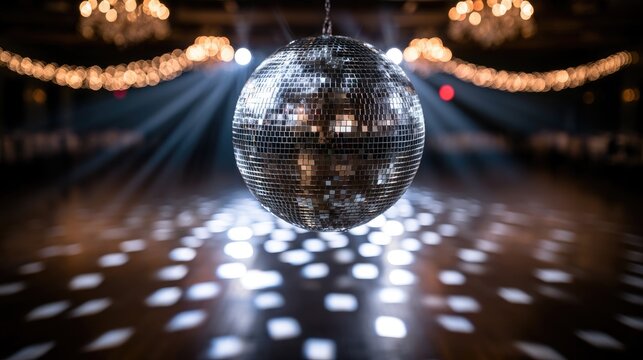 A sparkling sphere hangs, casting bright reflections across a dance floor