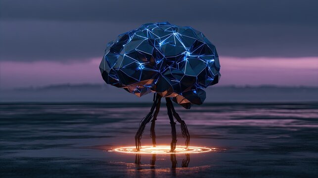 Futuristic mechanical brain on tripod, glowing with blue energy and orange light