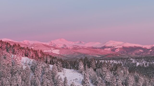 Vibrant alpenglow pink purple early morning first light sunrise Rocky Mountains Mount Blue Sky Evergreen Colorado aerial drone springtime fresh snow Mt Evans wilderness landscape circle left motion