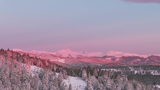 Vibrant alpenglow pink purple early morning first light sunrise Rocky Mountains Mount Blue Sky Evergreen Colorado aerial drone springtime fresh snow Mt Evans wilderness landscape circle left parallax