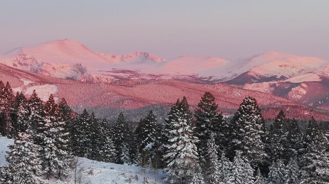 Vibrant alpenglow pink purple early morning first light sunrise Rocky Mountains Mount Blue Sky Evergreen Colorado aerial drone springtime fresh snow Mt Evans wilderness landscape zoom in