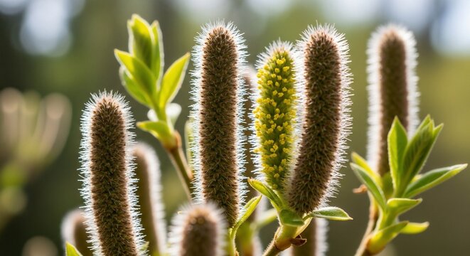 Close up of fluffy catkins with vibrant green leaves