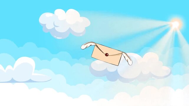 2d animated Flying envelope wings soaring across the frame space template. Vintage paper mail container layout representing message delivery, correspondence or fast news. Cartoon animation loop
