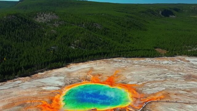 Grand Prismatic Springs lookout Mid Geyser Basin Fairy Falls trail boardwalk Wyoming Yellowstone National Park aerial drone nature landscape sunny morning blue sky colorful hot springs pools backwards