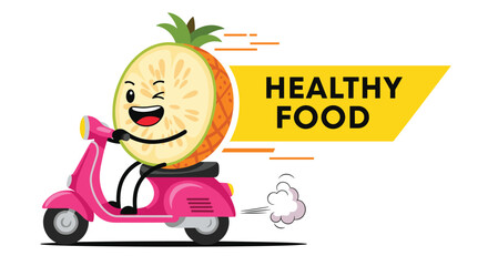 Naklejka premium Fast cartoon pineapple character riding a pink motor scooter with speed lines and a yellow healthy food banner for delivery concept.