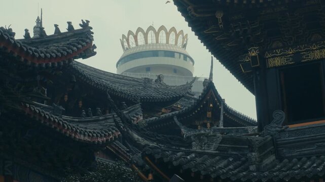 Chongqing Luohan Temple Ancient Roof Carvings Contrasting Lotus Crown Modern Building in Haze
