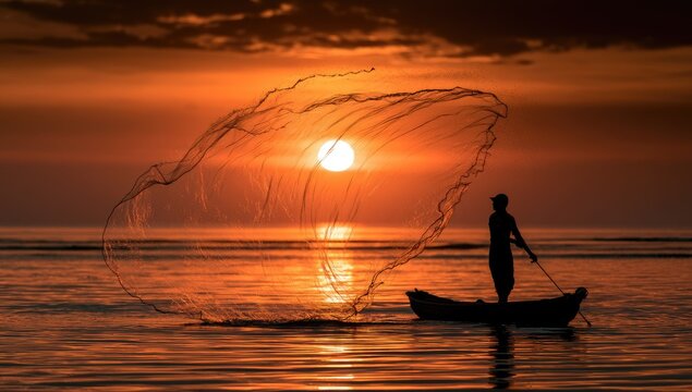 Silhouette of lone fisher casting net into calm sea at vibrant sunset