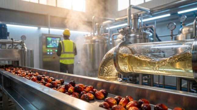 Palm oil processing plant with worker overseeing production line