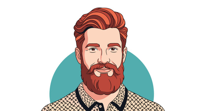 Stylish adult man with a groomed red beard and ginger hair wearing a modern patterned shirt with leopard print collar.