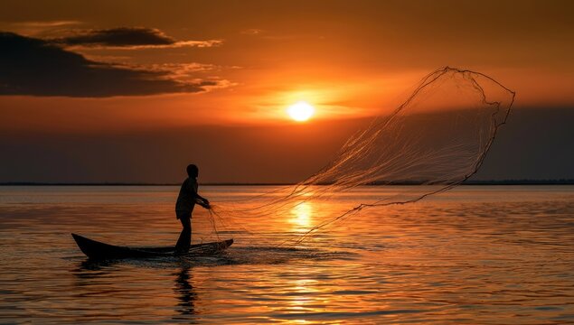 Fisherman casts net from boat at sunset, casting golden light