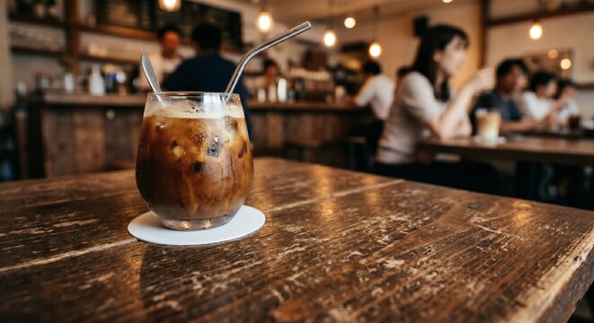 Blank white round coaster mockup under an iced coffee glass