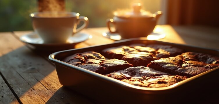 Chocolate brownies baked in pan sit on rustic table. Steam rises from tea cup and teapot in warm sunlight. Enjoy sweet dessert with hot beverage.
