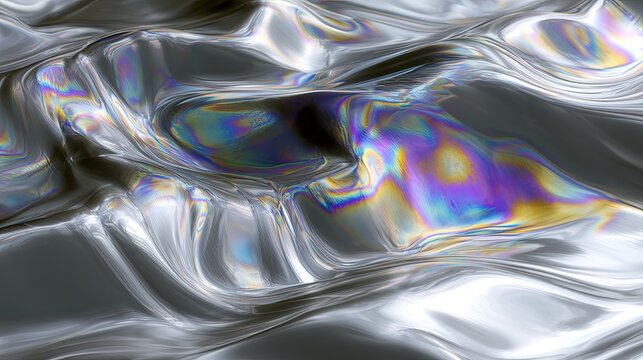 Glistening metallic waves with iridescent rainbow oil slick reflections