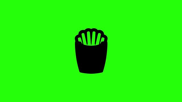 Dynamic 4K resolution asset containing a cardboard packet stuffed with crispy deep fried potato french fries bouncing. Clean popup icon graphic for junk food diner menu.