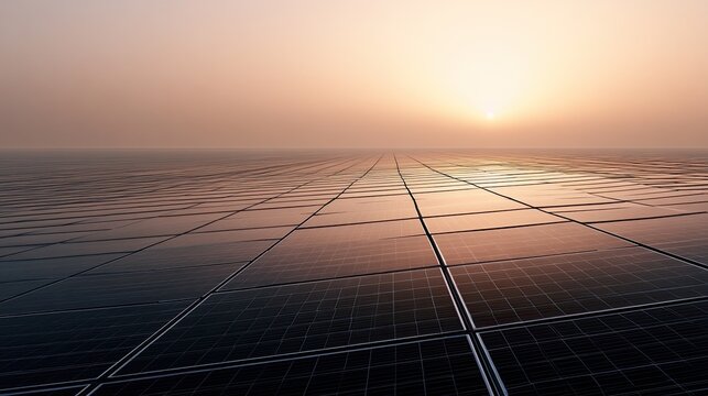 Solar panels arrayed across water, reflecting sunset