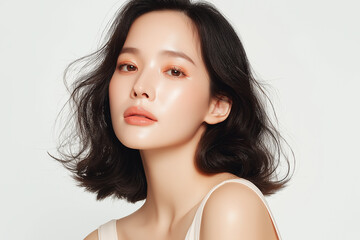 Fototapeta premium 美容, 女性, スキンケア, 化粧品, ビューティー, 若い女性, 美肌, 日本人, アジア人, フェイシャル, メイク, 美容液, 保湿, クリーム, エイジングケア, 美容医療, エステ, 美容クリニック, 肌ケア, ナチュラルメイク, 透明感, ツヤ肌, モデル, 笑顔, ポートレート, クローズアップ, リラックス, 癒し, 健康的, 美白, コラーゲン, ヒアルロン酸, アンチエイジング