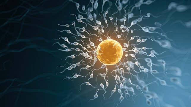 Sperm swarm around a glowing ovum in a vibrant, abstract biological scene