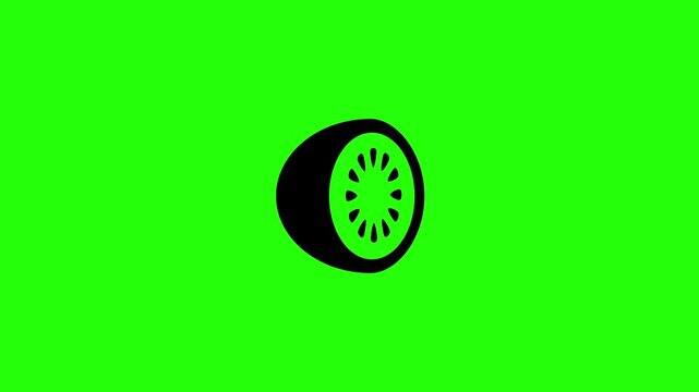 Beautiful 4K motion graphic of a sliced kiwi fruit half exposing its internal core and black seed pattern bouncing. Lively popup asset ideal for fresh juice beverage bar.