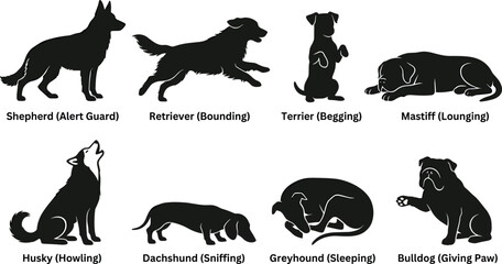 Black Dog Breed Silhouette Illustrations Featuring Shepherd, Retriever, Terrier, Mastiff, Husky, Dachshund, Greyhound, and Bulldog © Niheranjan