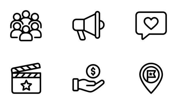 Social Media Marketing Icons Set, Business Promotion Graphics, Engagement Symbols, Digital Advertising Vector Collection