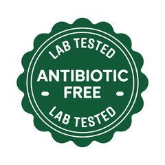 Green scalloped circular seal with text lab tested and antibiotic free guarantee © MDMINTU