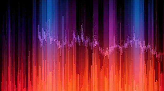 Vibrant, abstract sound wave visualization with vertical bars in red, orange, purple