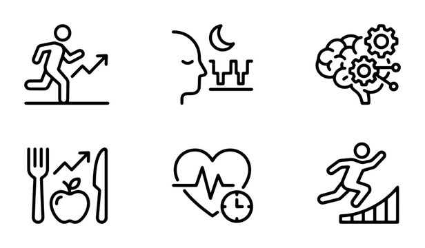 Wellness Icons Set: Health, Fitness, Nutrition, Sleep, Brain, Performance. Vector Graphics for Health and Lifestyle Concepts.