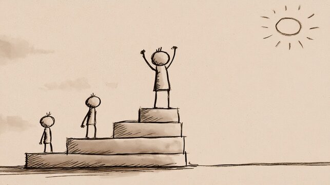 Stick figures ascend stairs, celebrating at the top under a shining sun