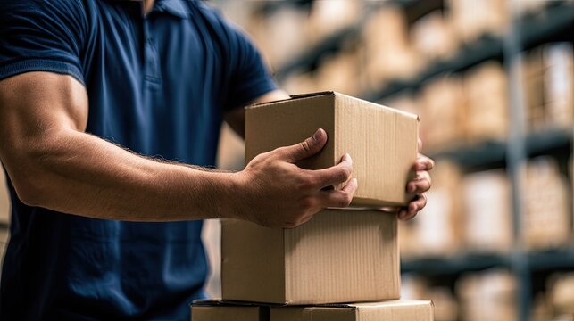 Person stacking cardboard boxes in a warehouse