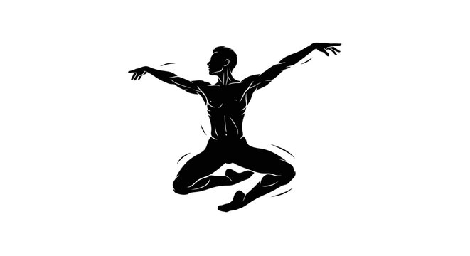 Black silhouette of a male ballet dancer jumping in the air.