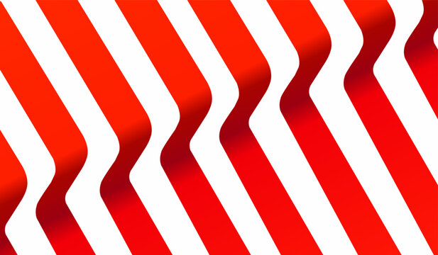 A vibrant abstract background featuring dynamic 3D red wavy stripes over a clean white backdrop. This modern geometric ribbon pattern creates an optical illusion of depth