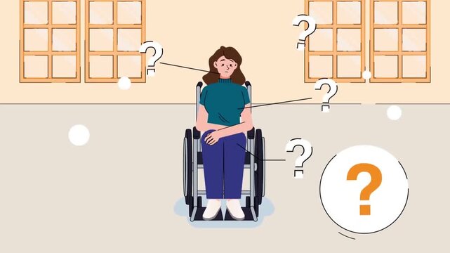 2D animation of a confused disabled woman in a wheelchair thinking with question marks and option bubble vector