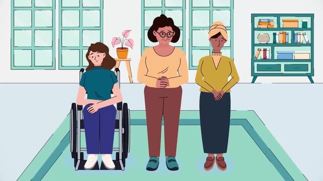 2D animated group of supportive friends standing with a young disabled woman sitting in a wheelchair