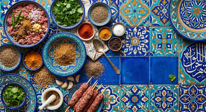 Flat lay of Seekh Kebab ingredients on Multani pottery, copy space