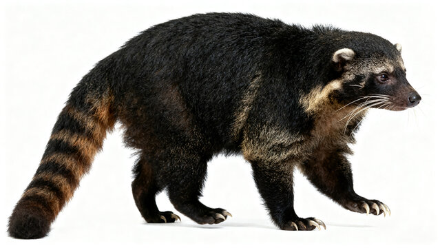 Full length profile of an Asian palm civet walking isolated on a pure white background.
