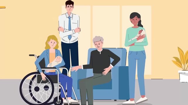 2D animation of a multi-generational family gathering with a woman in a wheelchair and an elderly grandfather