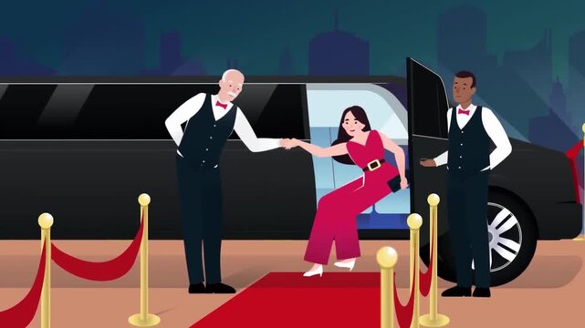 2D animated VIP celebrity arriving at a luxury red carpet event with paparazzi paparazzi and limousine at night