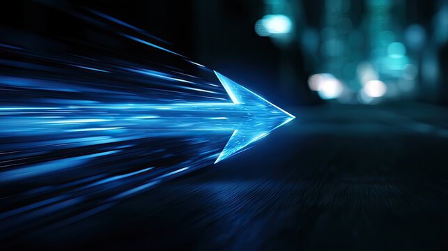 A bright blue arrow streaks forward, trailing light effects